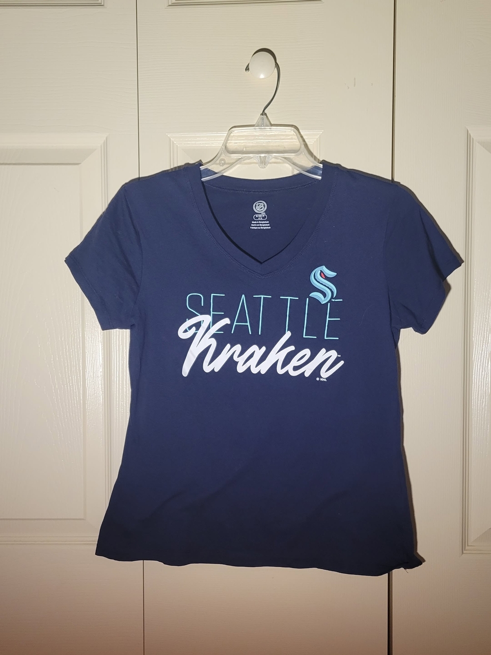 NHL Seattle Kraken Women's Navy V-Neck Tee with Teal & White Logo